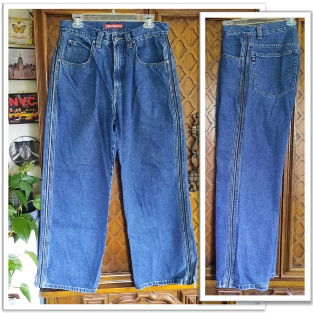 Union Bay 90s Vintage Striped Distressed Baggy Wide Leg Denim Jeans Mens 33x32